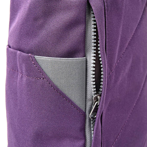 Roka Finchley Medium Deep Grape Recycled Canvas Backpack, hardware detail.