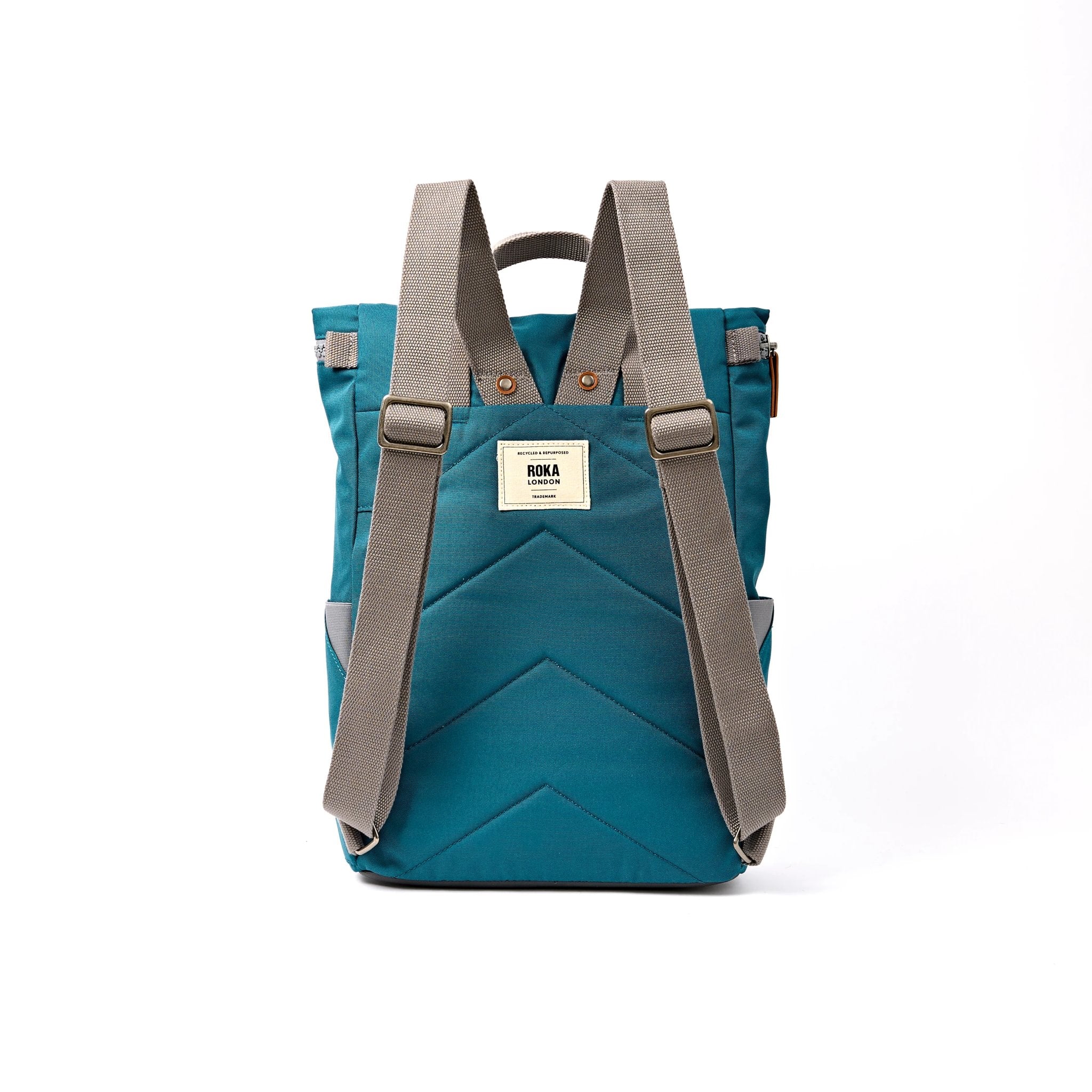 Roka Finchley Medium Deep Teal Recycled Canvas Backpack, back view.
