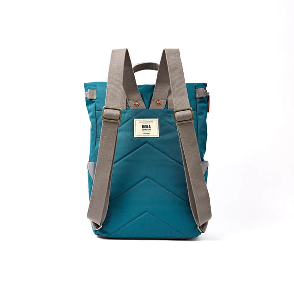 Roka Finchley Medium Deep Teal Recycled Canvas Backpack, back view.