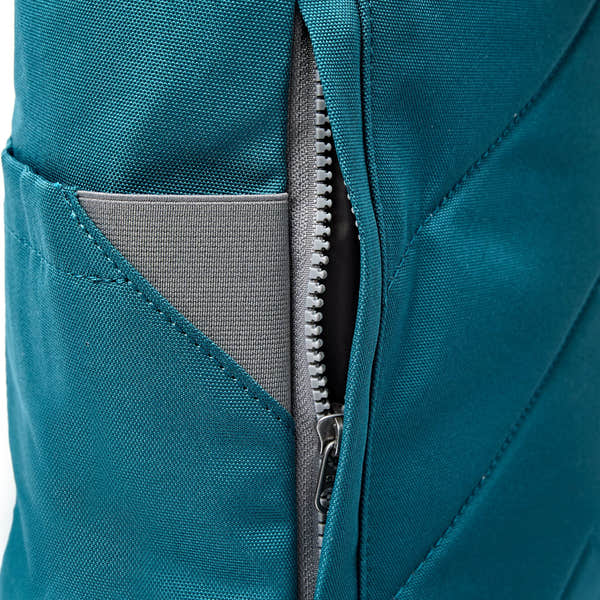 Roka Finchley Medium Deep Teal Recycled Canvas Backpack, hardware detail.