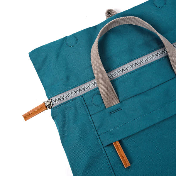 Roka Finchley Medium Deep Teal Recycled Canvas Backpack, zip detail.