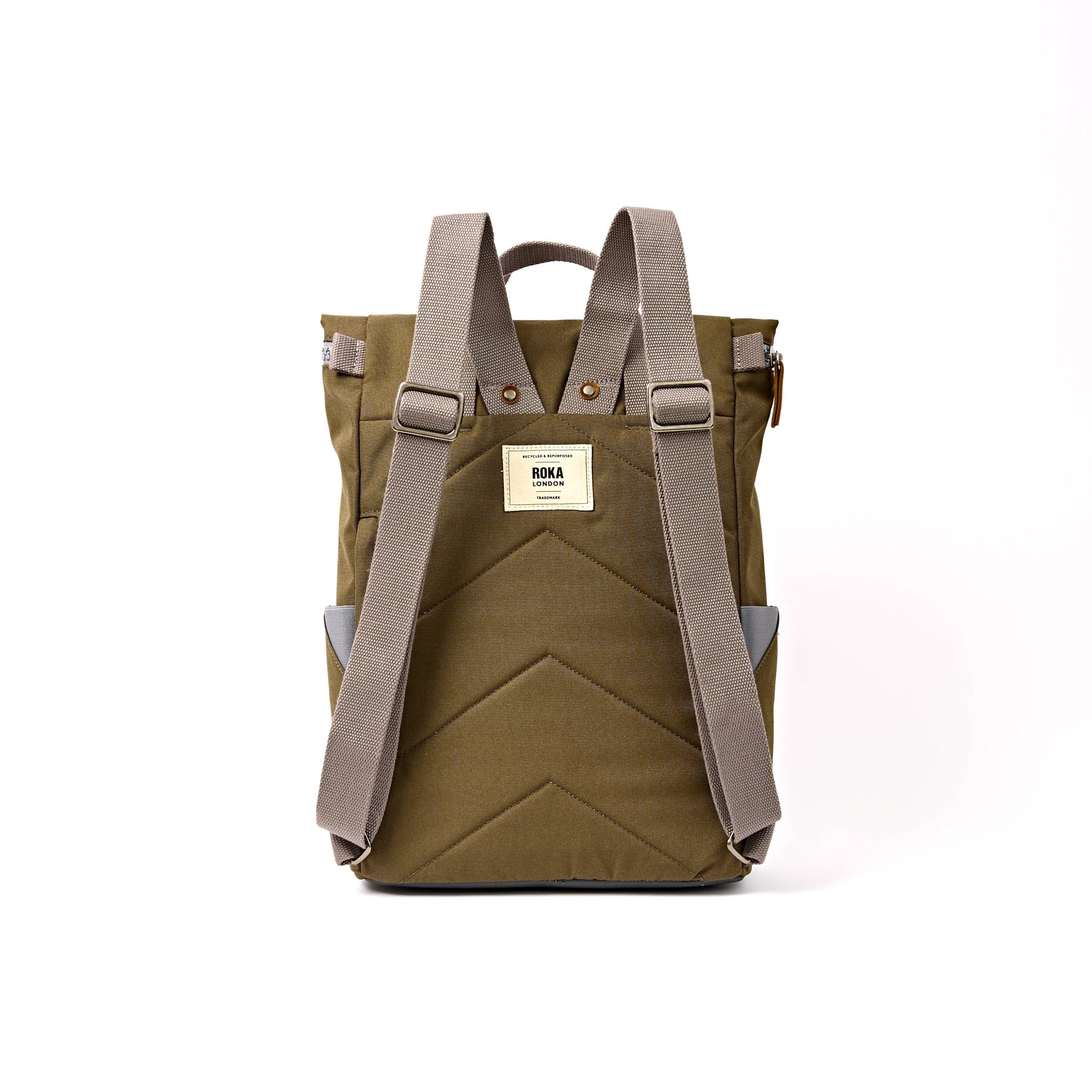 Roka Finchley Medium Sea Spray Recycled Canvas Backpack, back view.
