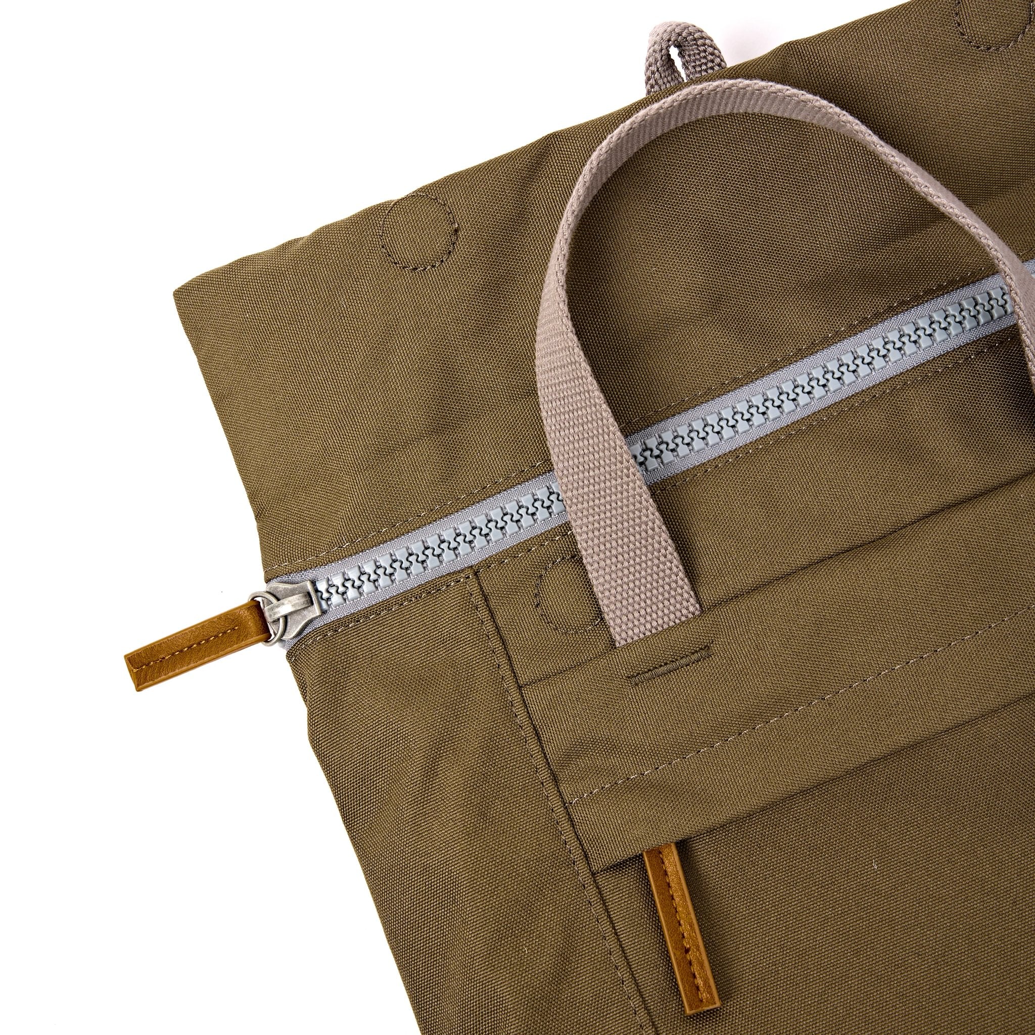 Roka Finchley Medium Sea Spray Recycled Canvas Backpack, zip detail.