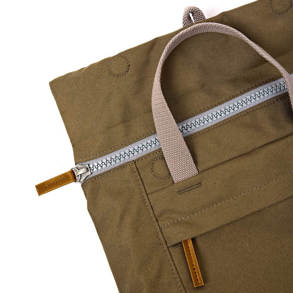 Roka Finchley Medium Sea Spray Recycled Canvas Backpack, zip detail.