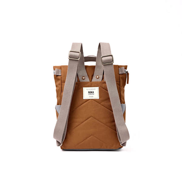 Roka Finchley Small Cinnamon Recycled Canvas Backpack, back view.