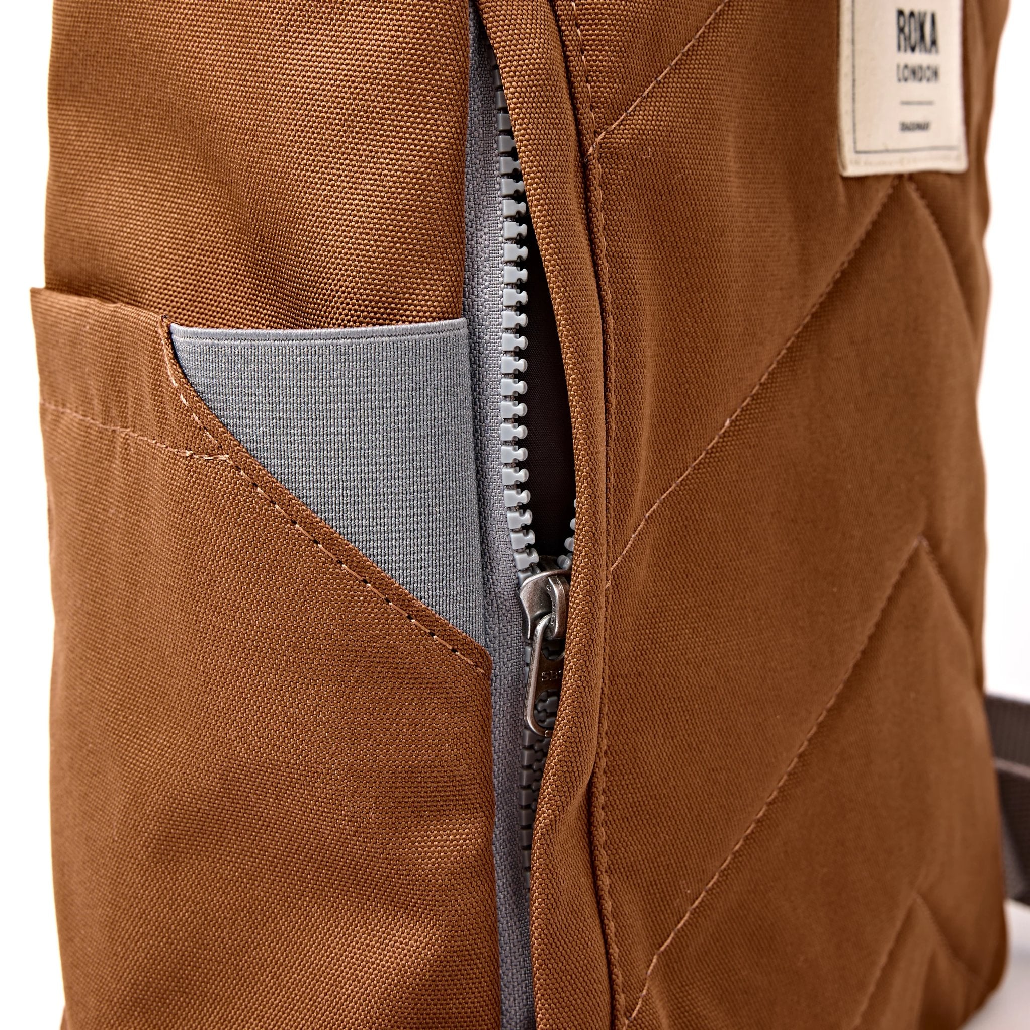 Roka Finchley Small Cinnamon Recycled Canvas Backpack, hardware detail.