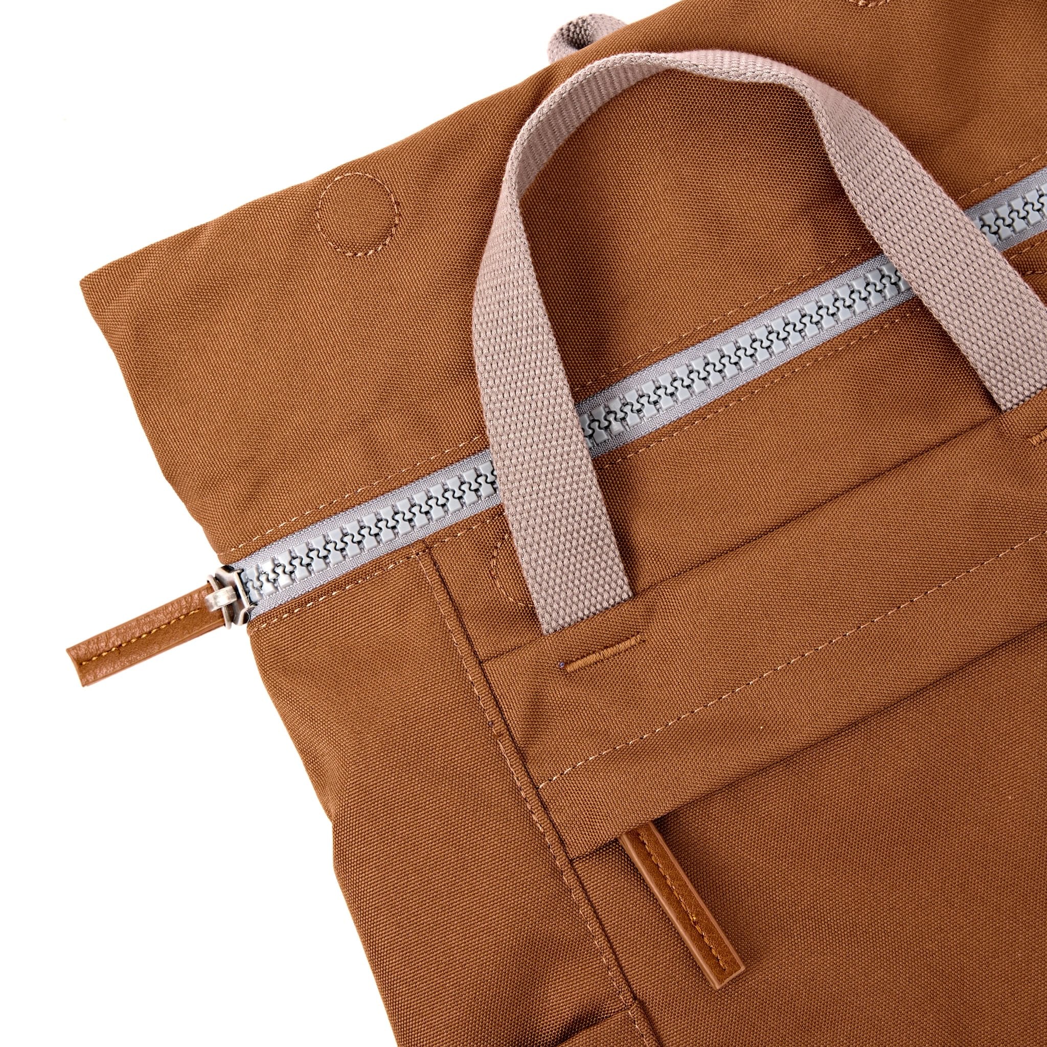 Roka Finchley Small Cinnamon Recycled Canvas Backpack, zip detail.