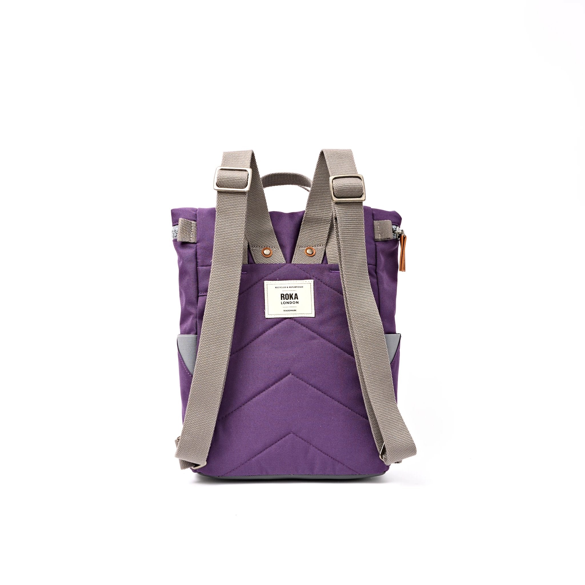 Roka Finchley Small Deep Grape Recycled Canvas Backpack, back view.