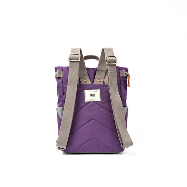 Roka Finchley Small Deep Grape Recycled Canvas Backpack, back view.