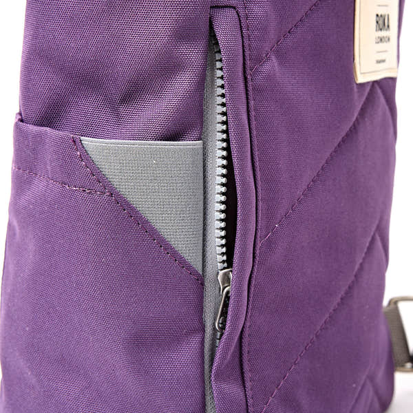 Roka Finchley Small Deep Grape Recycled Canvas Backpack, hardware detail.