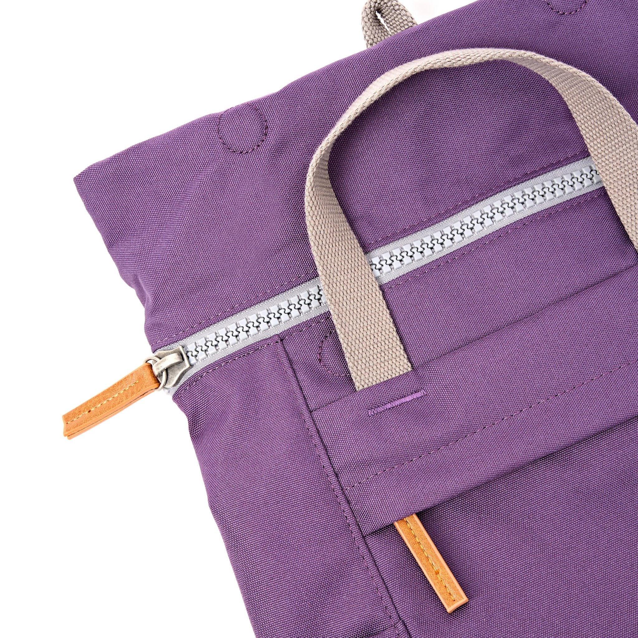 Roka Finchley Small Deep Grape Recycled Canvas Backpack, zip detail.