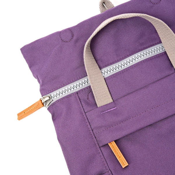 Roka Finchley Small Deep Grape Recycled Canvas Backpack, zip detail.