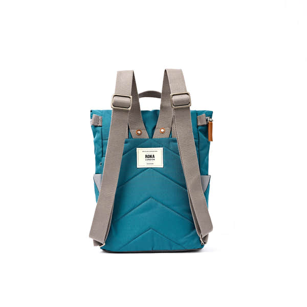 Roka Finchley Small Deep Teal Recycled Canvas Backpack, back view.