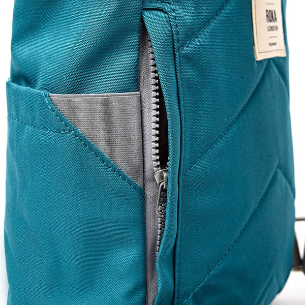 Roka Finchley Small Deep Teal Recycled Canvas Backpack, hardware detail.