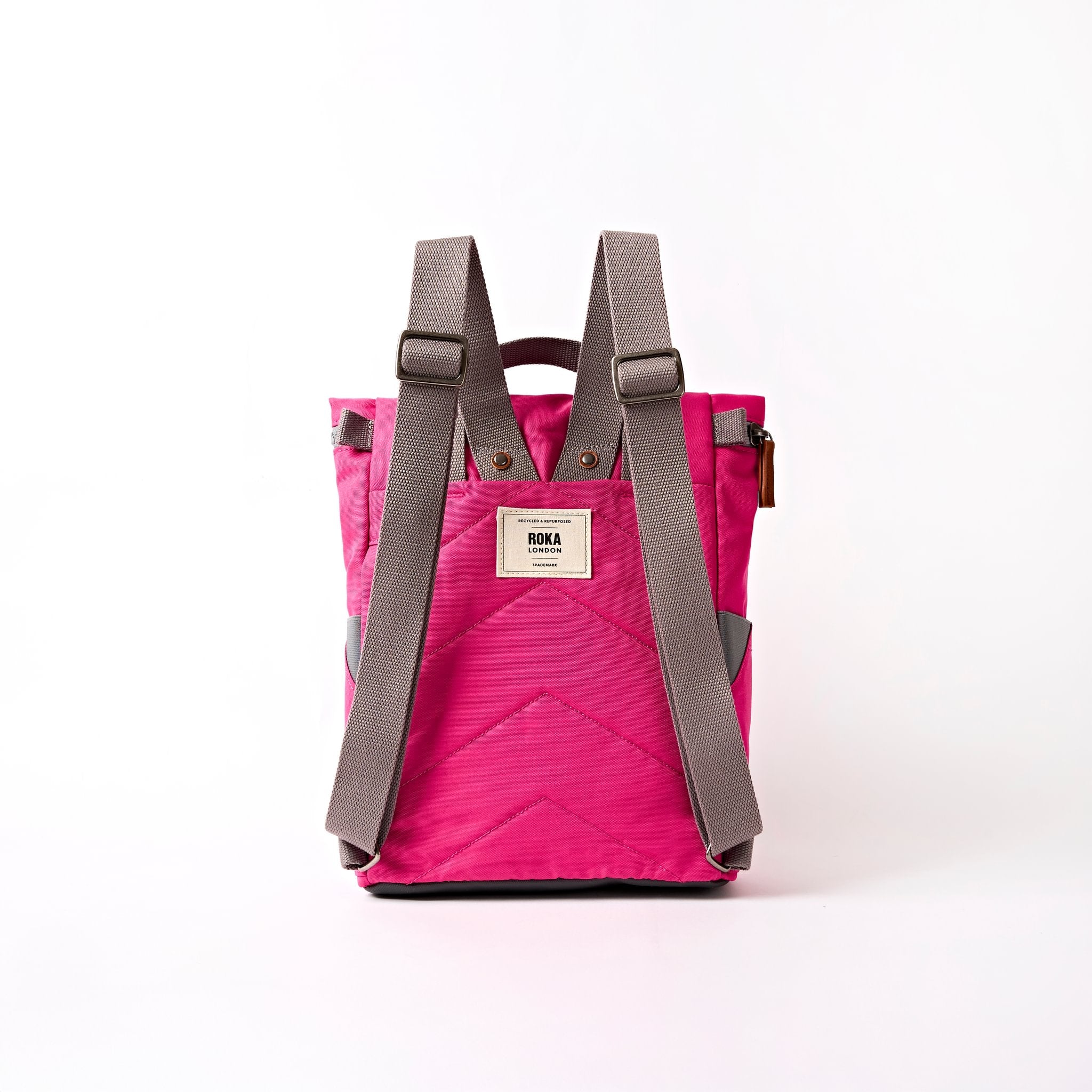 Roka Finchley Small Granita Red Recycled Canvas Backpack, back view.