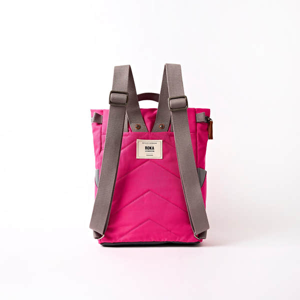 Roka Finchley Small Granita Red Recycled Canvas Backpack, back view.