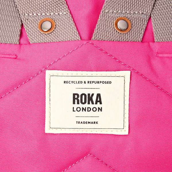 Roka Finchley Small Granita Red Recycled Canvas Backpack, brand label detail.