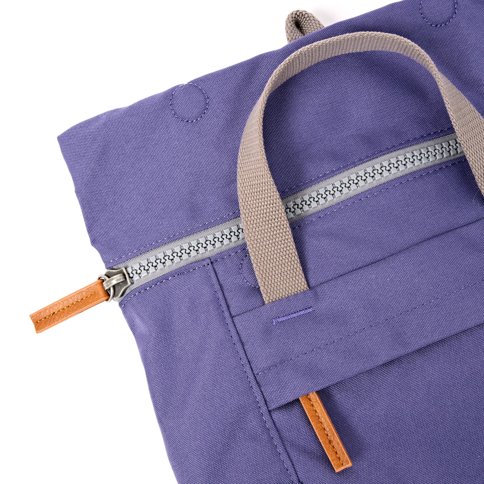 Roka Finchley Small Oceana Recycled Canvas Backpack, zip detail.