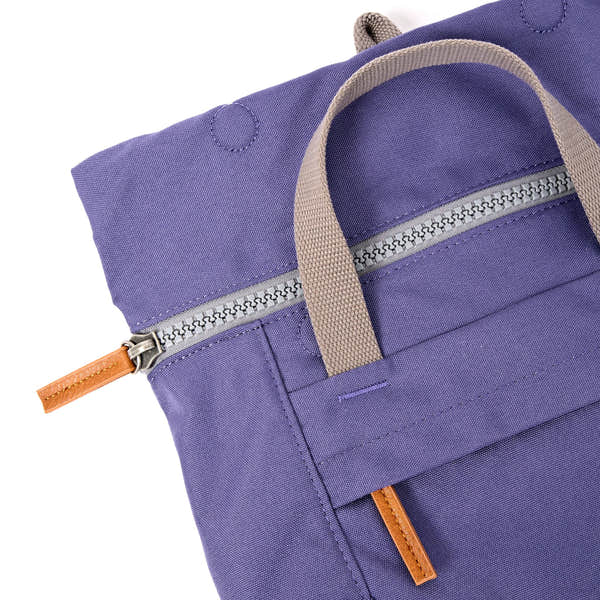 Roka Finchley Small Oceana Recycled Canvas Backpack, zip detail.