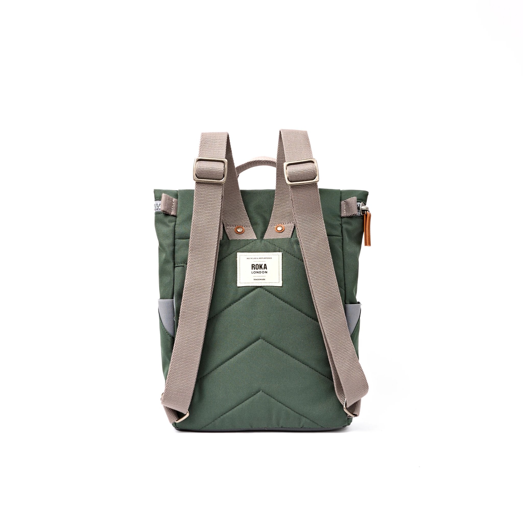 Roka Finchley Small Thunderstorm Recycled Canvas Backpack, back view.