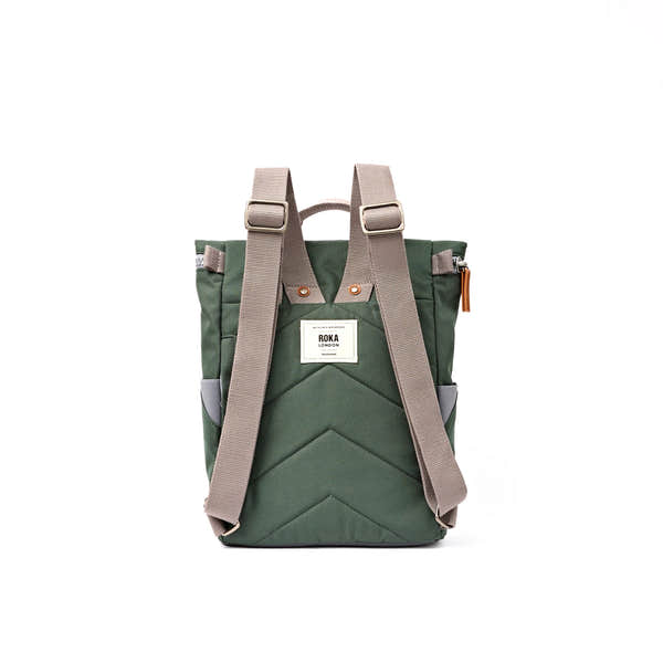 Roka Finchley Small Thunderstorm Recycled Canvas Backpack, back view.
