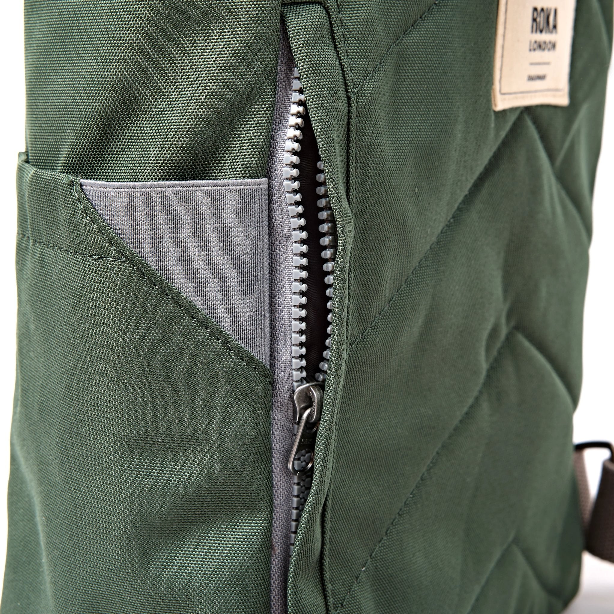 Roka Finchley Small Thunderstorm Recycled Canvas Backpack, hardware detail.