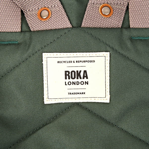 Roka Finchley Small Thunderstorm Recycled Canvas Backpack, brand label detail.