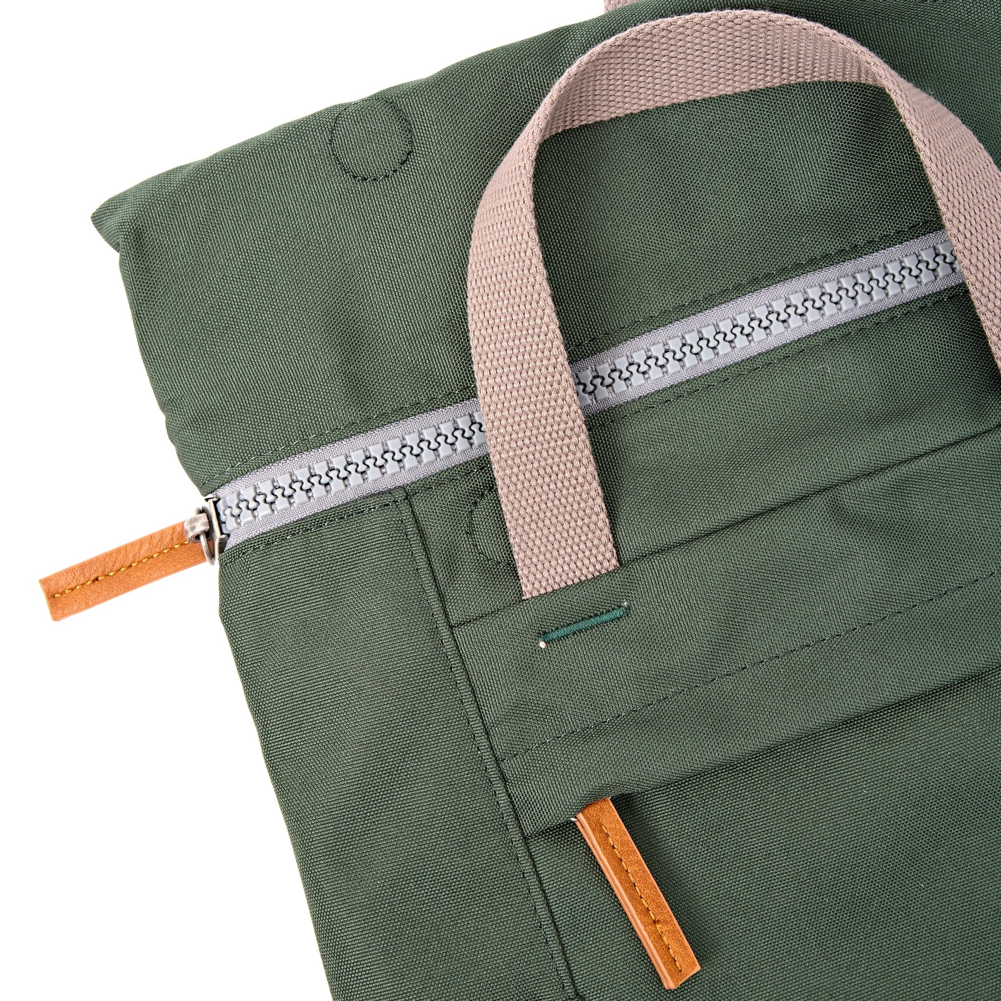 Roka Finchley Small Thunderstorm Recycled Canvas Backpack, zip detail.