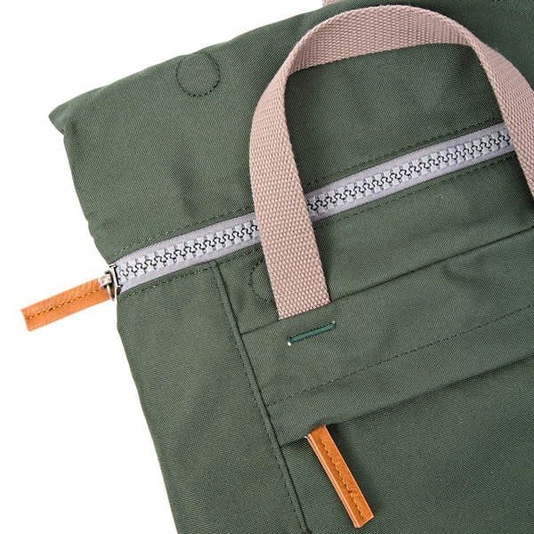 Roka Finchley Small Thunderstorm Recycled Canvas Backpack, zip detail.