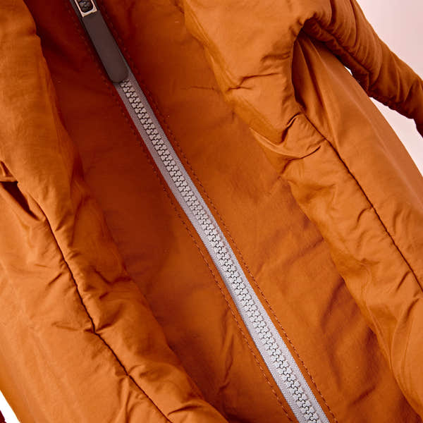 Roka Oxford Dijon Recycled Taslon Shoulder Bag, zip detail.