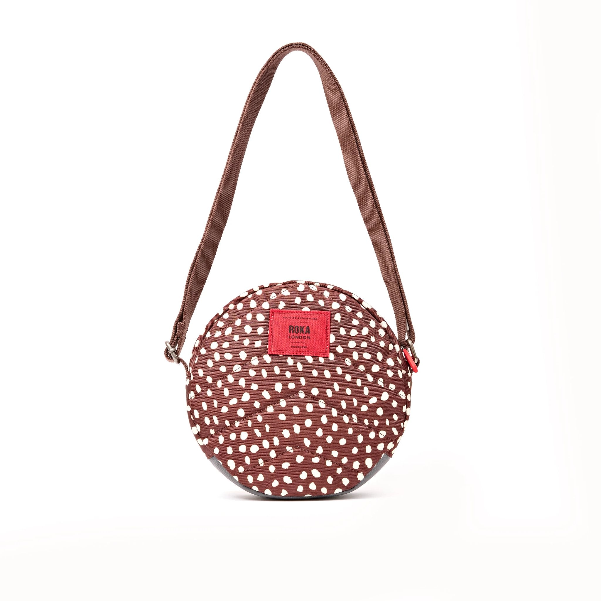 Roka Paddington Brown Dot Recycled Canvas Crossbody Bag, back view.