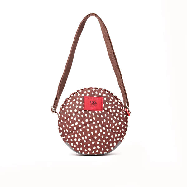 Roka Paddington Brown Dot Recycled Canvas Crossbody Bag, back view.
