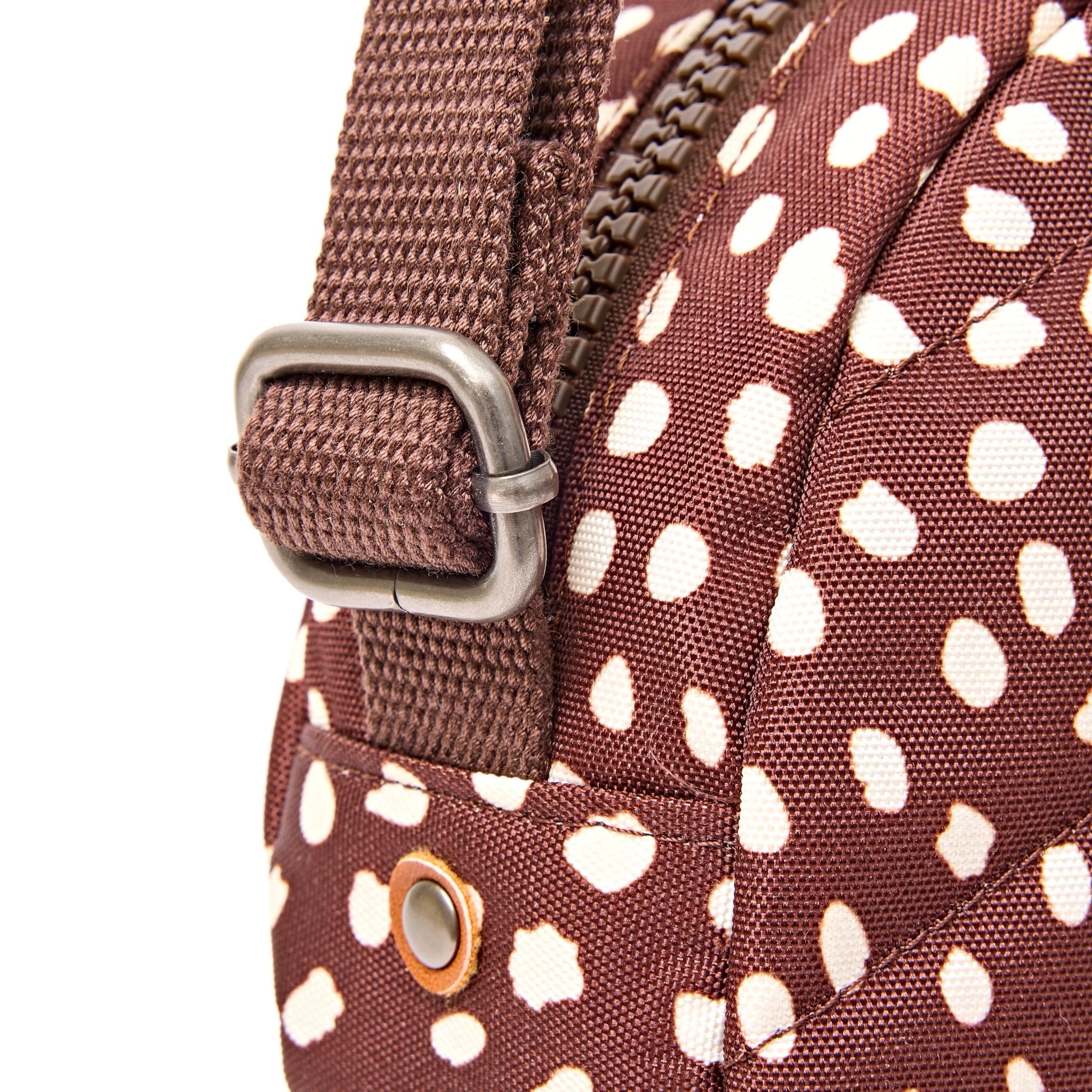 Roka Paddington Brown Dot Recycled Canvas Crossbody Bag, hardware detail.
