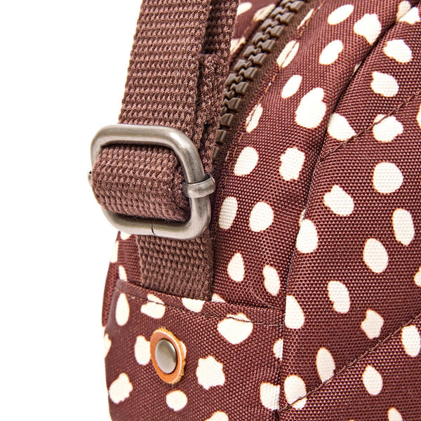 Roka Paddington Brown Dot Recycled Canvas Crossbody Bag, hardware detail.