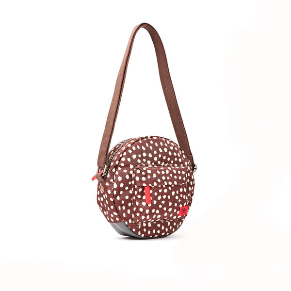 Roka Paddington Brown Dot Recycled Canvas Crossbody Bag, side view.