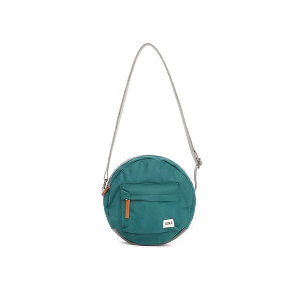 Roka Paddington Teal Recycled Nylon Crossbody Bag, front view.