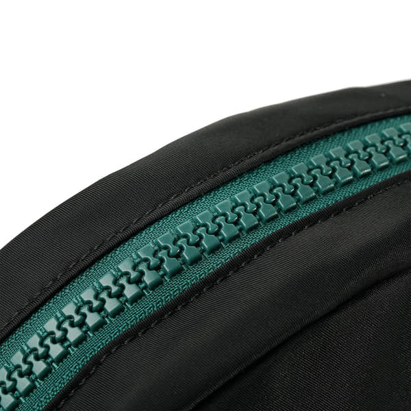Roka Paddington Teal Recycled Nylon Crossbody Bag, zip detail.