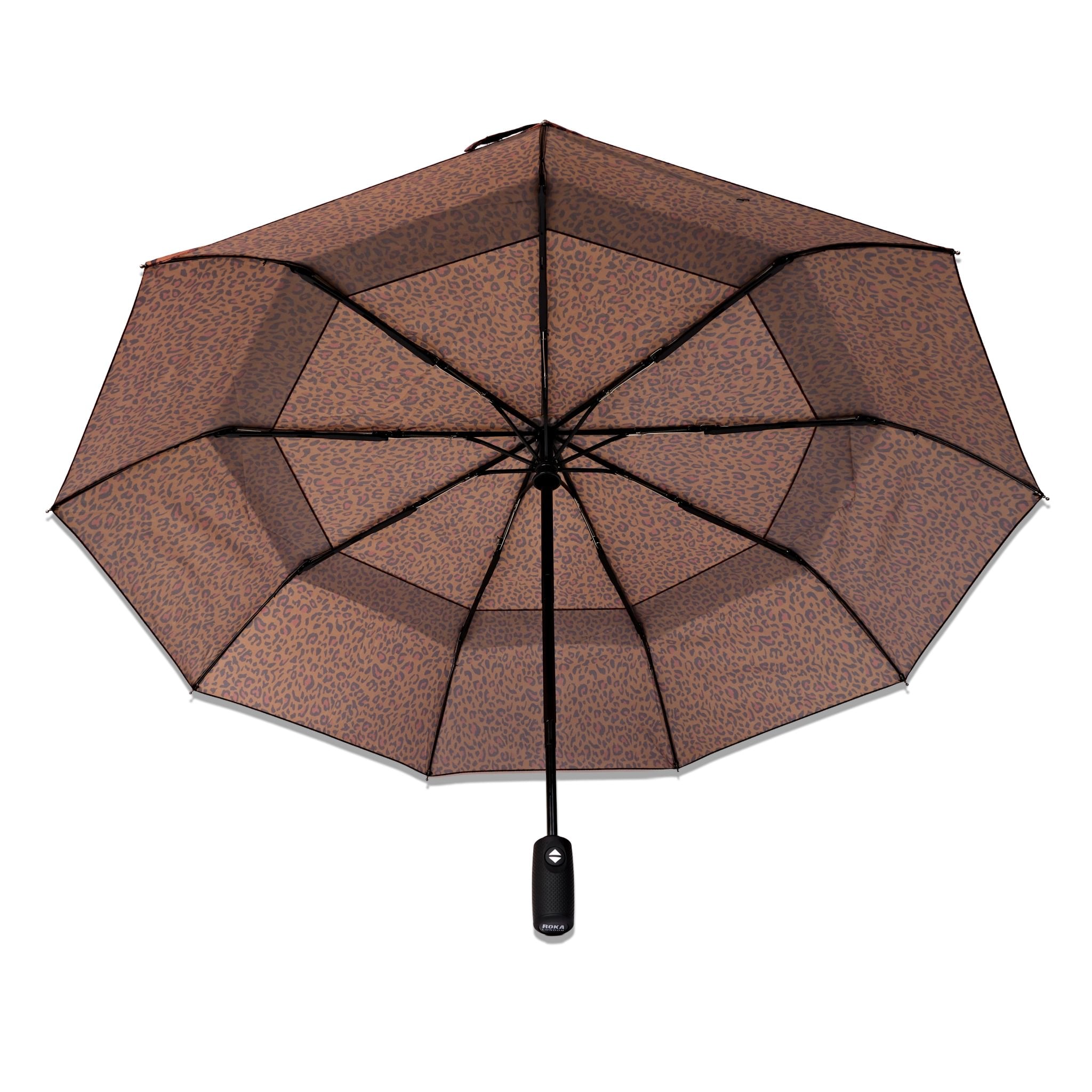 Roka Waterloo Mini Leopard Pongee Umbrella, back view.