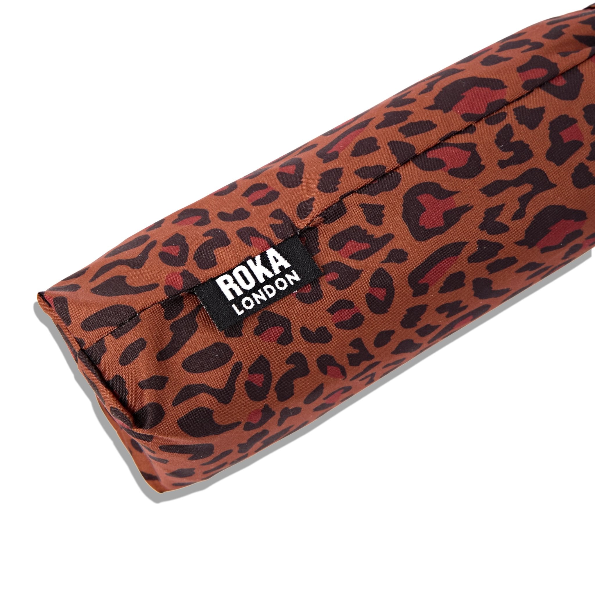 Roka Waterloo Mini Leopard Pongee Umbrella, brand label detail.