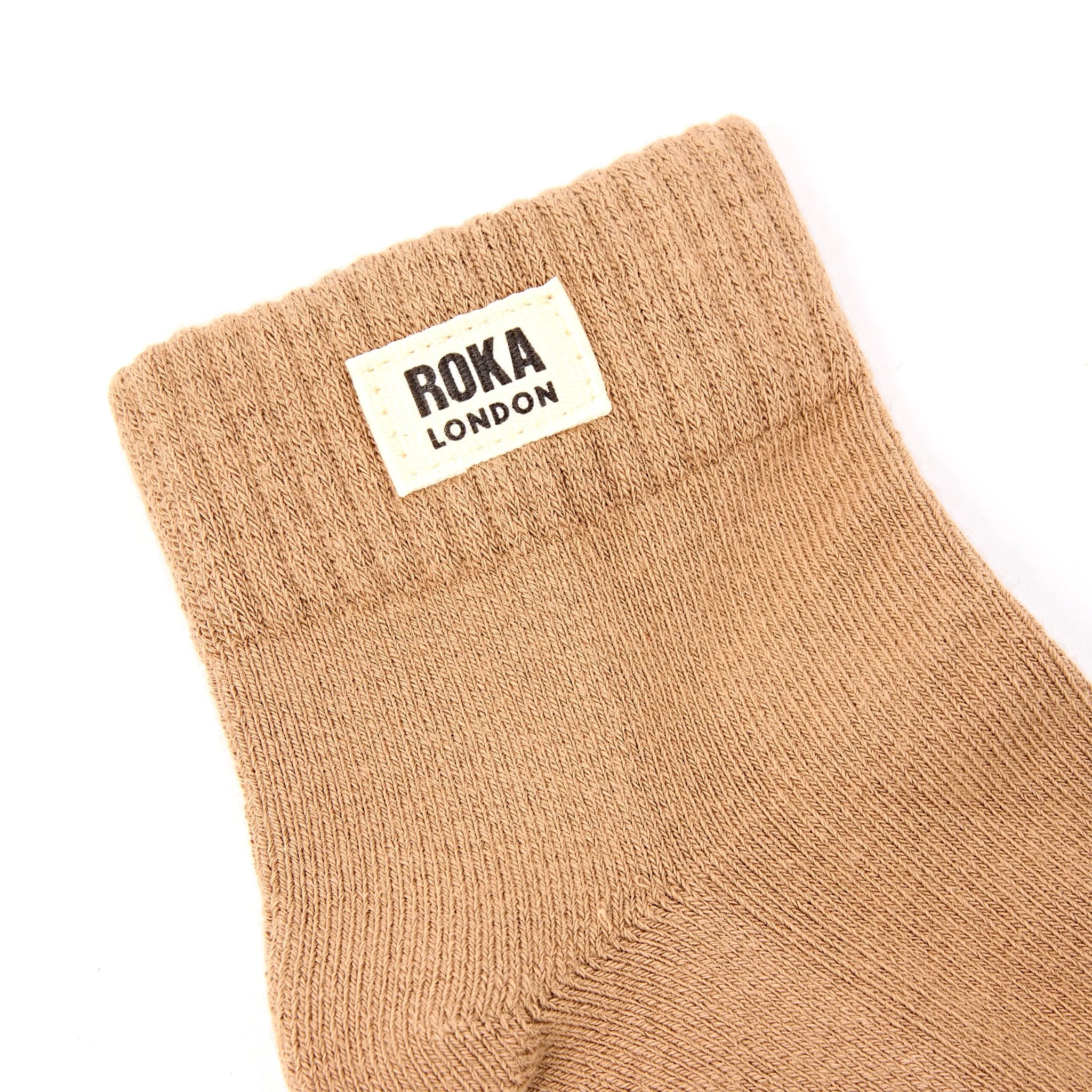 Roka Wembley Ladies Chai Organic Cotton Ankle Socks, brand label detail.