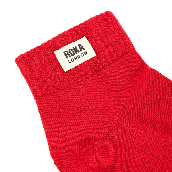 Roka Wembley Ladies Chilli Oil Organic Cotton Ankle Socks, brand label detail.