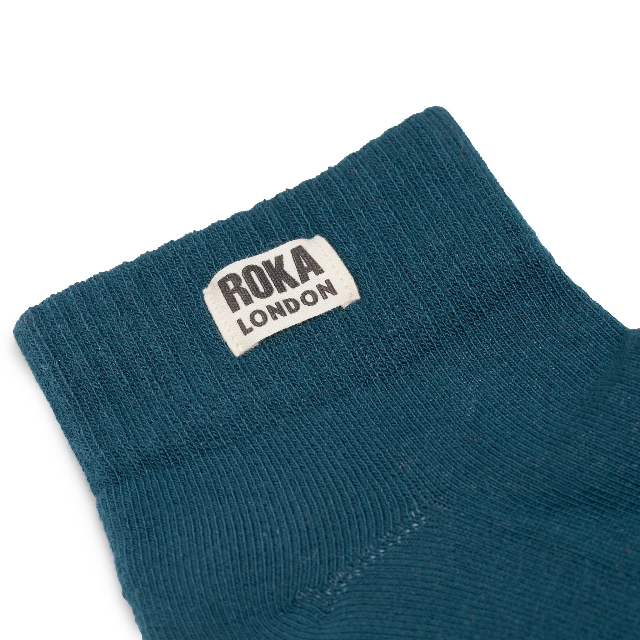Roka Wembley Ladies Cotton Socks Teal, brand label detail.