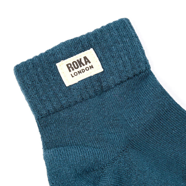 Roka Wembley Ladies Lagoon Blue Organic Cotton Ankle Socks, brand label detail.
