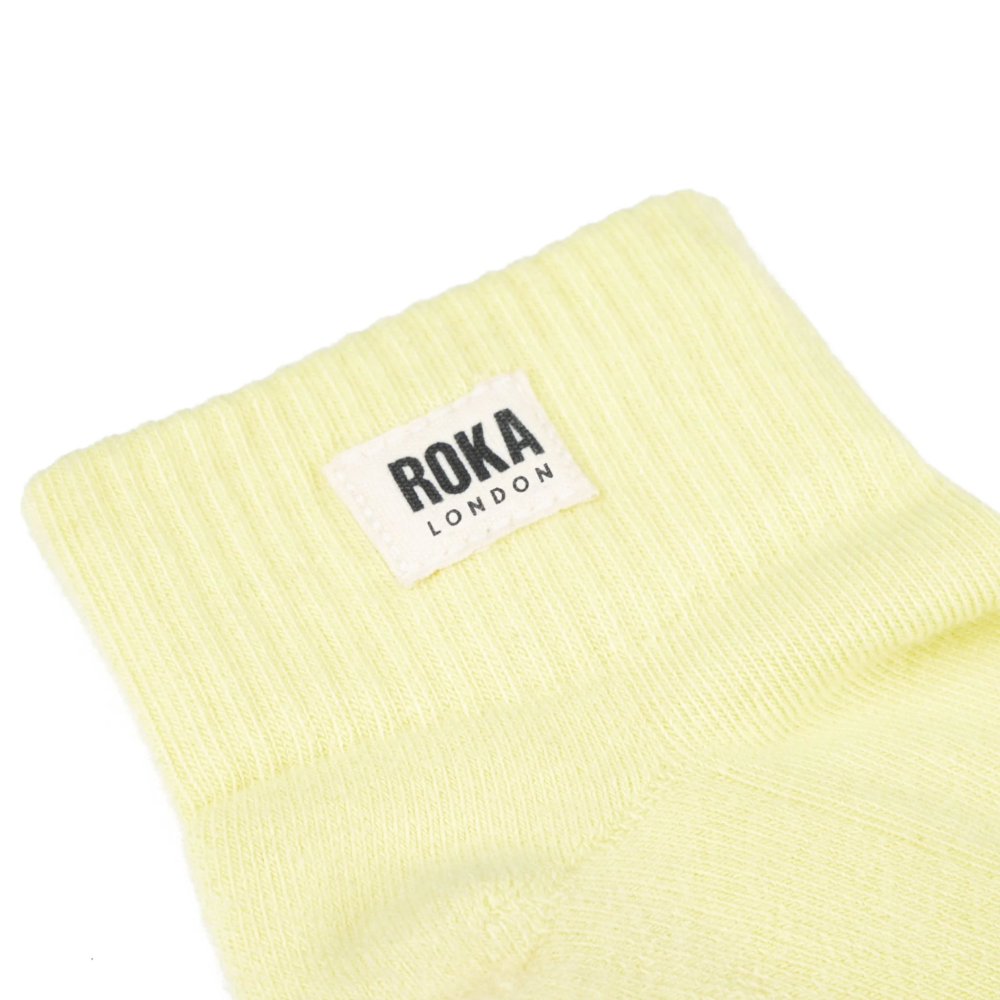 Roka Wembley Ladies Lemonade Organic Cotton Ankle Socks, brand label detail.