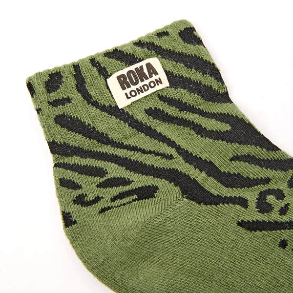 Roka Wembley Ladies Mixed Animal Artichoke Organic Cotton Ankle Socks, brand label detail.