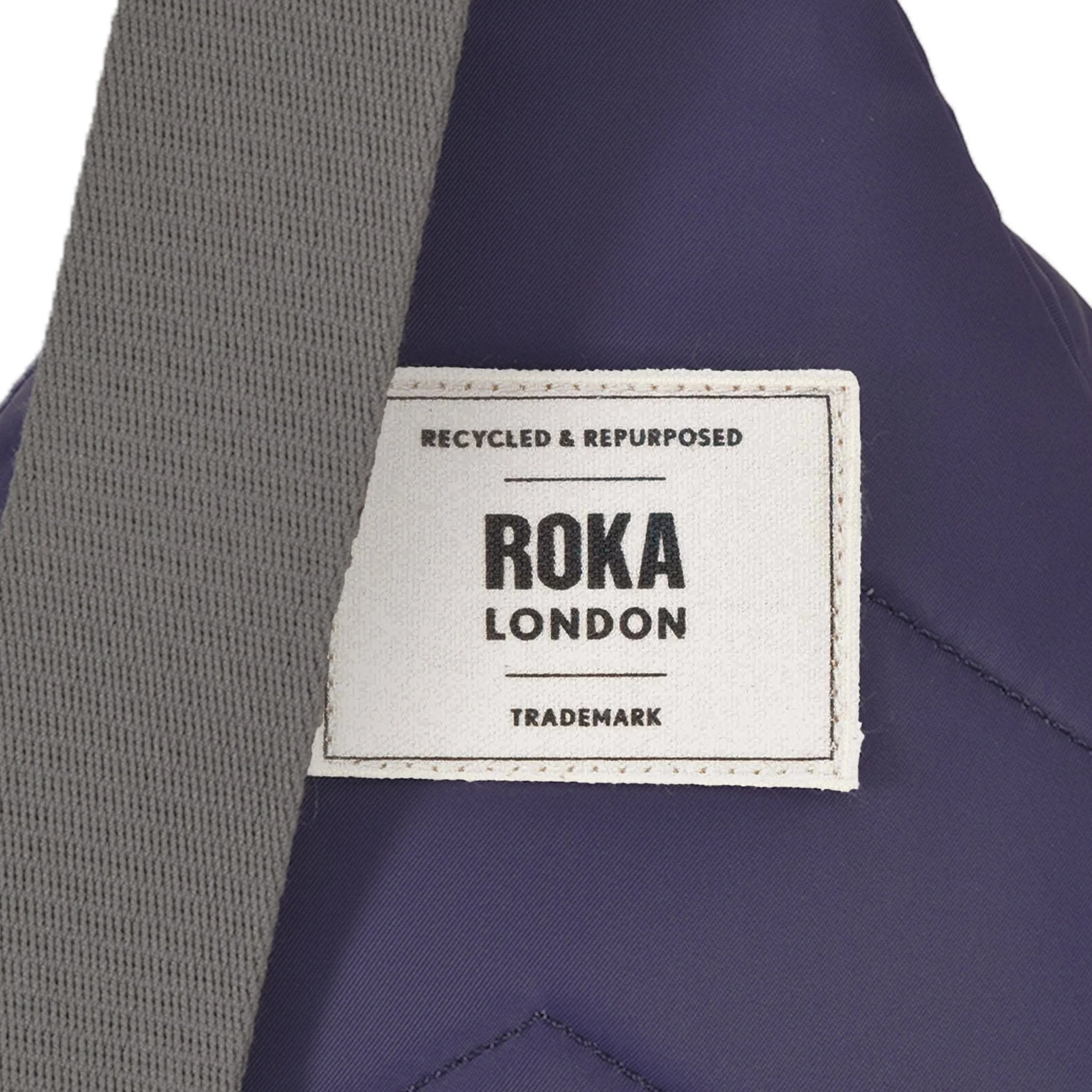 Roka Willesden B Mulberry Large Recycled Nylon, brand label detail.