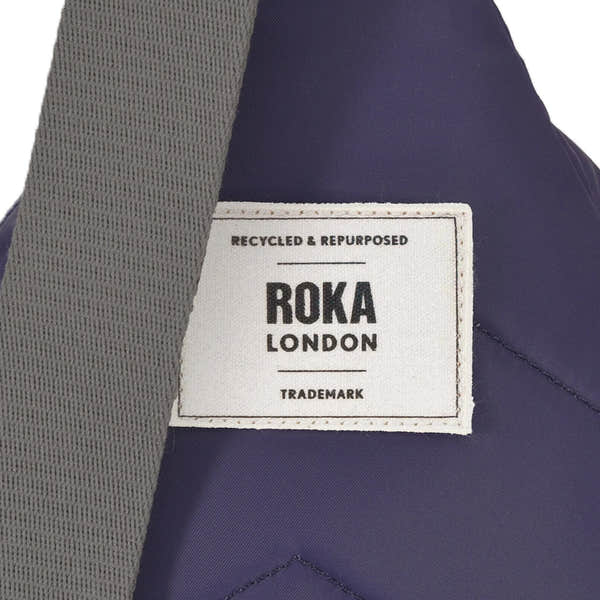 Roka Willesden B Mulberry Large Recycled Nylon, brand label detail.