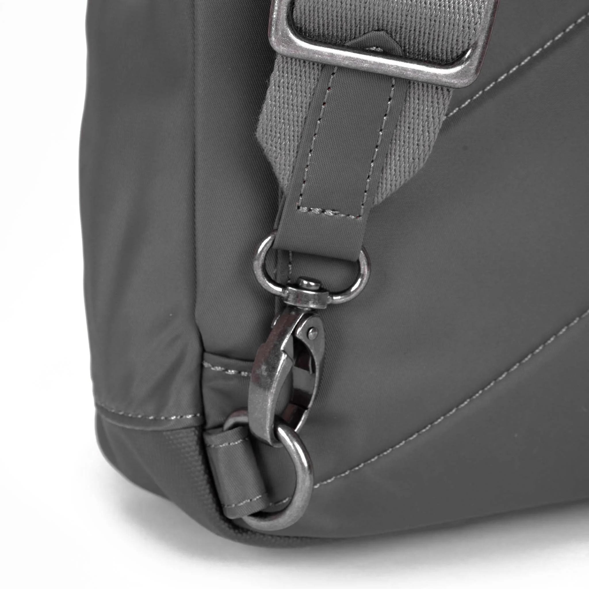 Roka Willesden Graphite Recycled Nylon Sling Bag, hardware detail.