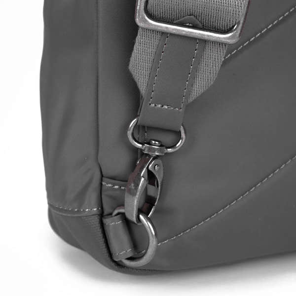 Roka Willesden Graphite Recycled Nylon Sling Bag, hardware detail.