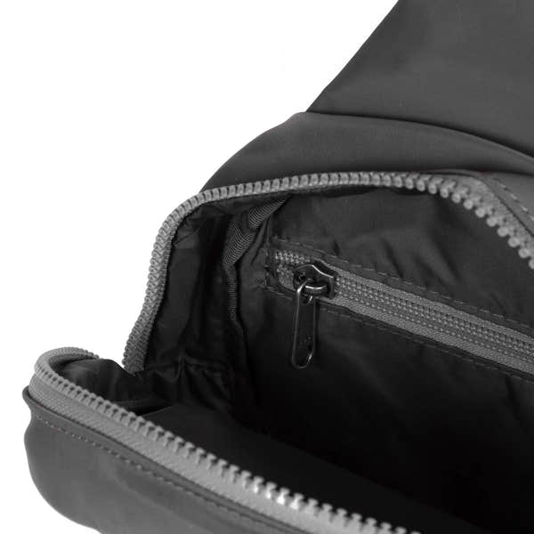 Roka Willesden Graphite Recycled Nylon Sling Bag, side view.